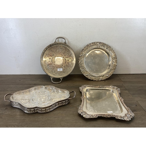 441 - Four silver plated serving and condiment trays to include Viners etc.