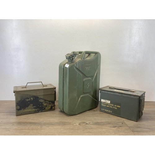 453 - Three pieces of metalware, two military issued ammunition boxes and one 20ltr water can