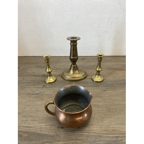 458 - A collection of 19th century and later metalware to include pewter graduating tankards with makers m... 