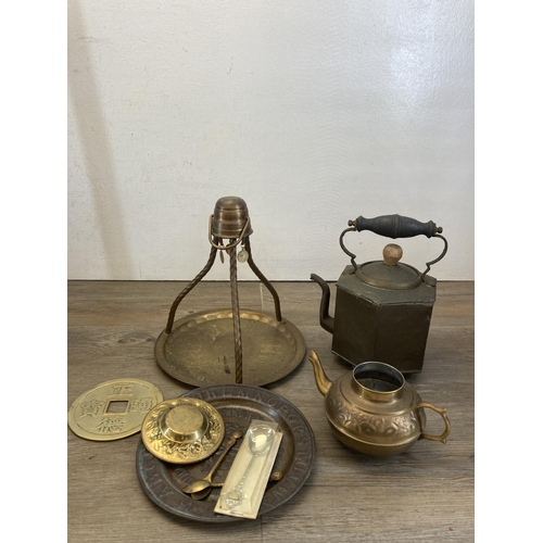 459 - A collection of 19th century and later metalware to include brass coal scuttle, Middle Eastern style... 