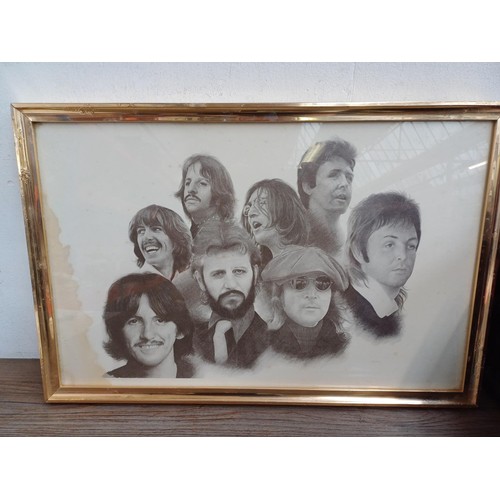 737 - A collection of The Beatles memorabilia and media to include framed print, Abbey Road LP, books, DVD... 