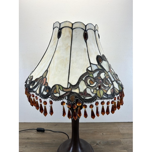 600 - A Tiffany style bronze effect and stained glass table lamp with amber crystal droplets - approx. 69c... 