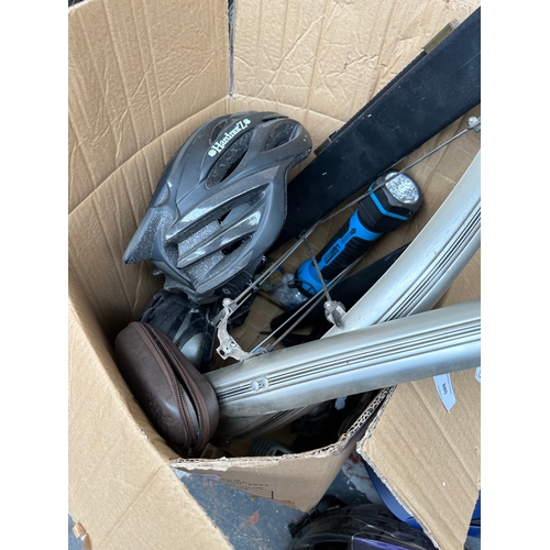 880 - A collection of sporting related items to include Bell bike helmet, Wellgo pedals, Shimano SPDSL sho... 