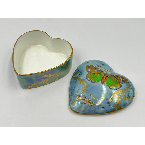 287 - A 1920s Aynsley Lustre butterfly pattern heart shaped trinket box - approx. 10cm x 10cm