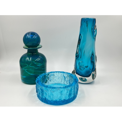 344 - Three pieces of mid 20th century blue art glassware to include Whitefriars Knobbly vase - approx. 24... 