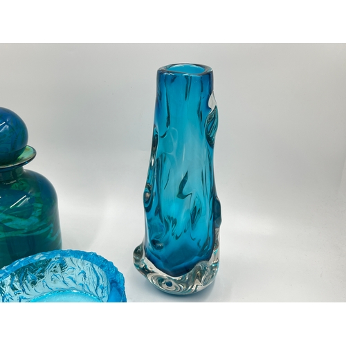 344 - Three pieces of mid 20th century blue art glassware to include Whitefriars Knobbly vase - approx. 24... 