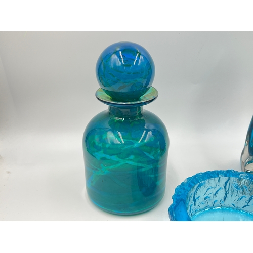 344 - Three pieces of mid 20th century blue art glassware to include Whitefriars Knobbly vase - approx. 24... 