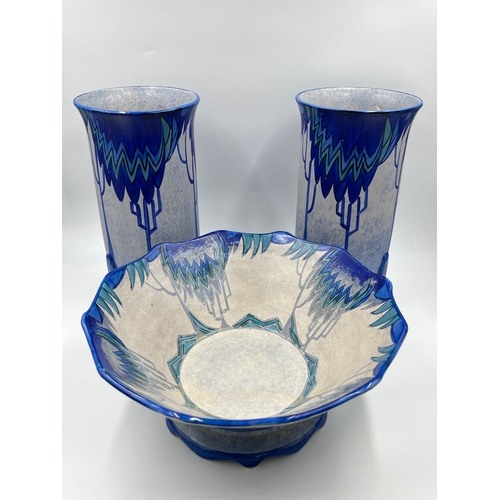 346 - Three pieces of Art Deco T. F. & S. Ltd Celestine Phoenix Ware pottery, two vases - approx. 26cm hig... 