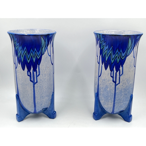 346 - Three pieces of Art Deco T. F. & S. Ltd Celestine Phoenix Ware pottery, two vases - approx. 26cm hig... 