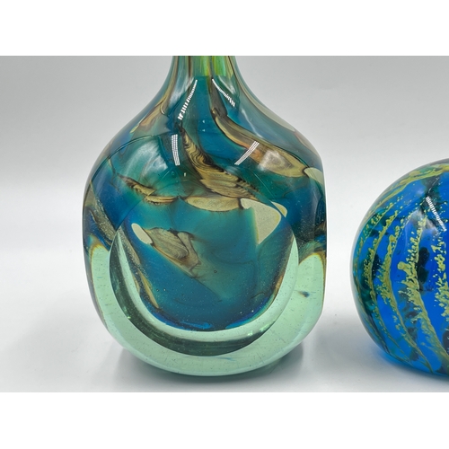 349F - Two pieces of 1970s Mdina glassware, one paperweight and one vase - approx. 19cm high