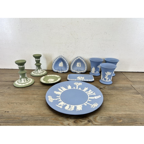 368 - Ten pieces of Wedgwood Jasperware, seven pale blue and three sage green