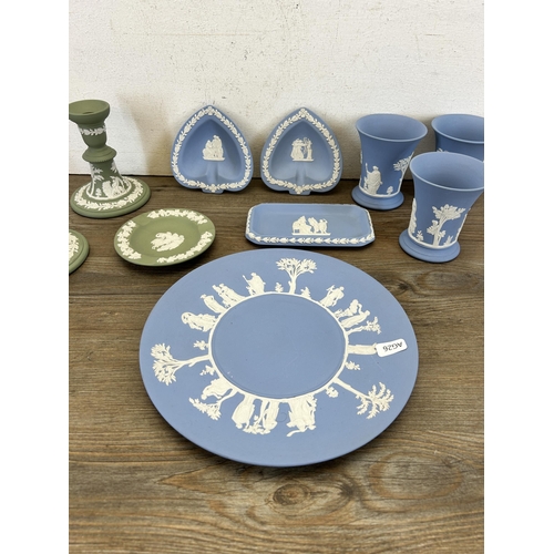 368 - Ten pieces of Wedgwood Jasperware, seven pale blue and three sage green