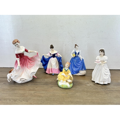 372 - Five Royal Doulton figurines, Picnic - HN 2038, Birthday Girl - HN 3423, Pretty Ladies Sara - HN 472... 