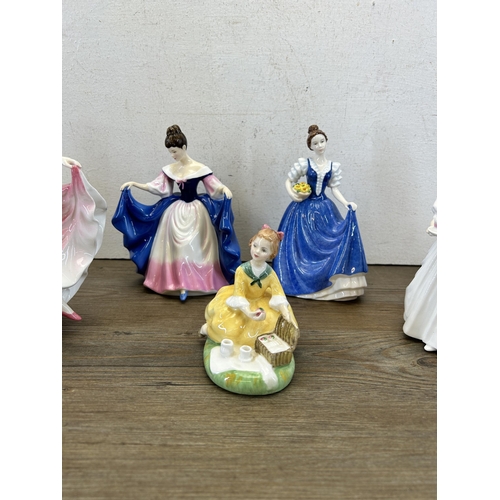 372 - Five Royal Doulton figurines, Picnic - HN 2038, Birthday Girl - HN 3423, Pretty Ladies Sara - HN 472... 