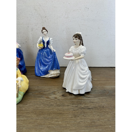 372 - Five Royal Doulton figurines, Picnic - HN 2038, Birthday Girl - HN 3423, Pretty Ladies Sara - HN 472... 