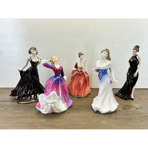 377 - Five Royal Doulton figurines, Flower Of Love - HN 3970, Classics In Vogue Daniella - HN 4551, For Yo... 