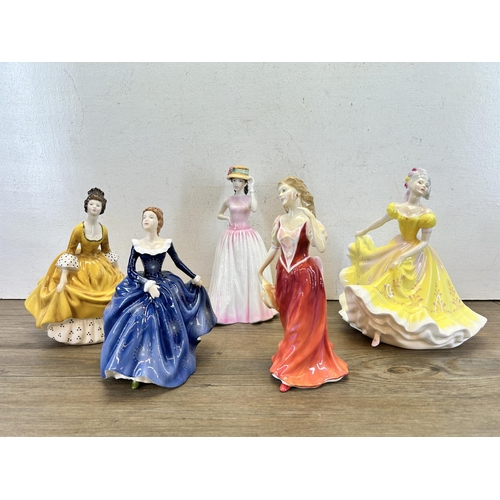 378 - Five Royal Doulton figurines, Strolling - HN 3755, Pretty Ladies Fragrance - HN 4931, Coralie - HN 2... 