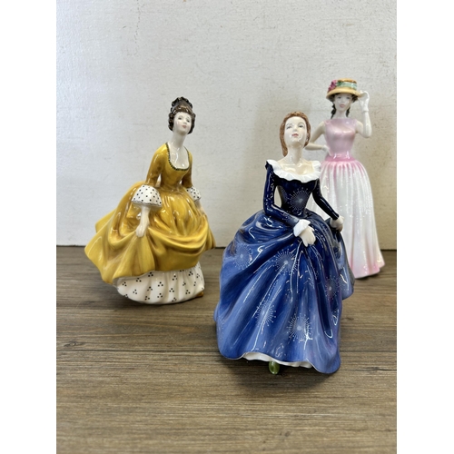 378 - Five Royal Doulton figurines, Strolling - HN 3755, Pretty Ladies Fragrance - HN 4931, Coralie - HN 2... 