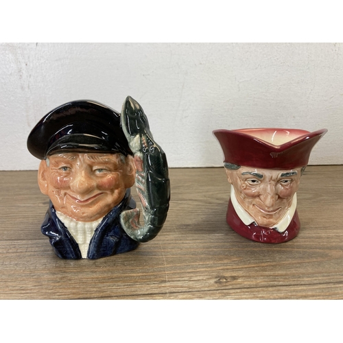 363 - Six Royal Doulton items, four character jugs, Pecksniff figurine and Mr. Pickwick D6327 plate