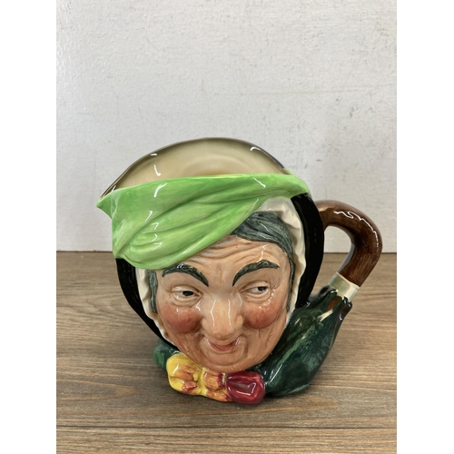 363 - Six Royal Doulton items, four character jugs, Pecksniff figurine and Mr. Pickwick D6327 plate