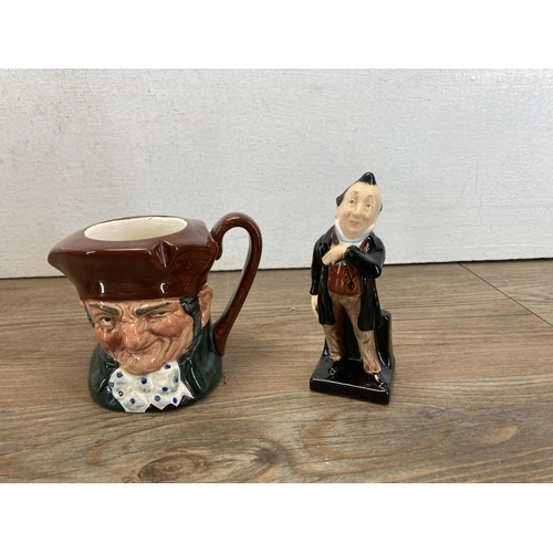 363 - Six Royal Doulton items, four character jugs, Pecksniff figurine and Mr. Pickwick D6327 plate