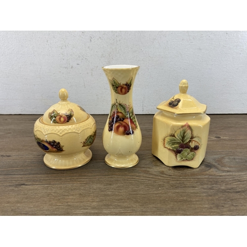 364 - Ten pieces of Aynsley Orchard Gold bone china to include Pagoda box, sovereign mini jar, two cups an... 