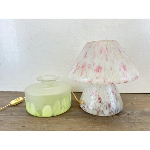 597 - Two pieces of vintage mottled glass, one mushroom shaped table lamp and one vase