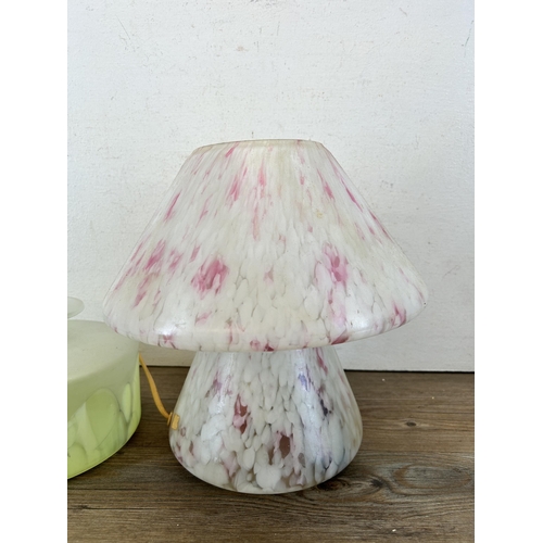 597 - Two pieces of vintage mottled glass, one mushroom shaped table lamp and one vase