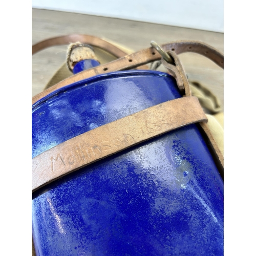 614 - Two pieces of British Army militaria, one WWI 1914 Pattern cobalt blue enamel water canteen - approx... 