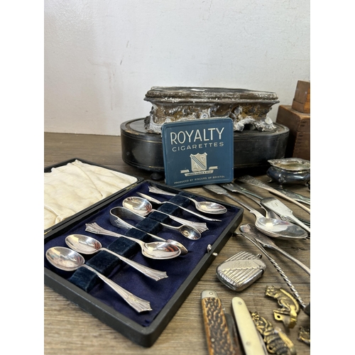 618 - A collection of items to include porcupine quill and ebony trinket box, hallmarked Birmingham silver... 