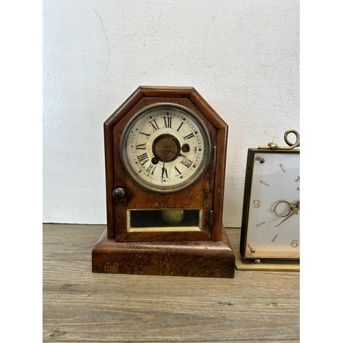 625 - Three items, Shortland Smiths oak cased barometer, Dominion brass cased eight day mantel clock and S... 