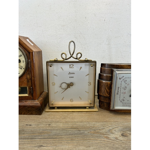 625 - Three items, Shortland Smiths oak cased barometer, Dominion brass cased eight day mantel clock and S... 