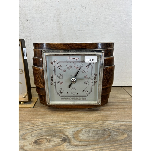 625 - Three items, Shortland Smiths oak cased barometer, Dominion brass cased eight day mantel clock and S... 