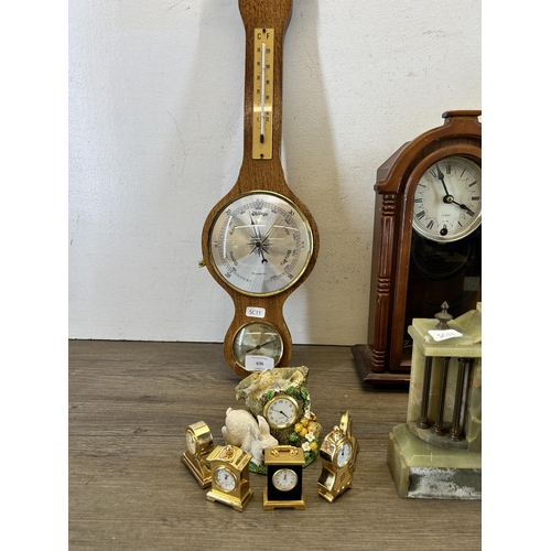 636 - Eleven items, ten various clocks and one barometer to include Edwardian mahogany cased mantel clock ... 