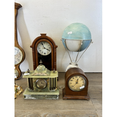 636 - Eleven items, ten various clocks and one barometer to include Edwardian mahogany cased mantel clock ... 