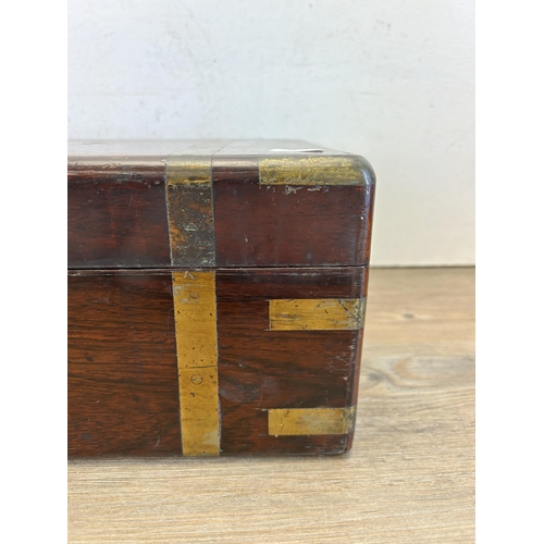 651 - A 19th century rosewood and brass banded sewing box - approx. 15cm high x 35cm wide x 25cm deep