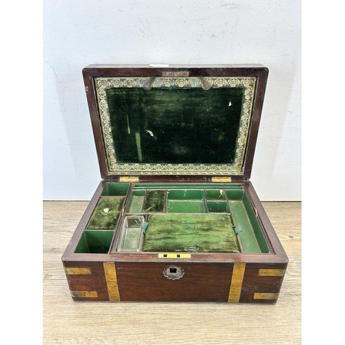 651 - A 19th century rosewood and brass banded sewing box - approx. 15cm high x 35cm wide x 25cm deep