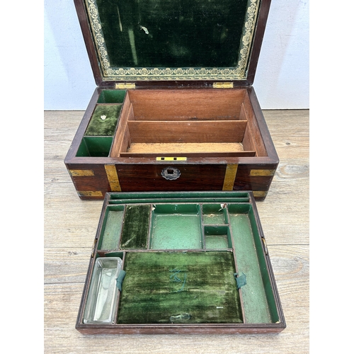 651 - A 19th century rosewood and brass banded sewing box - approx. 15cm high x 35cm wide x 25cm deep