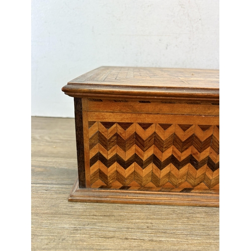 652 - A late 19th/early 20th century marquetry inlaid workbox with velvet interior - approx. 13cm high x 3... 