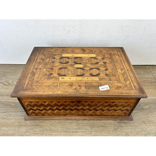 652 - A late 19th/early 20th century marquetry inlaid workbox with velvet interior - approx. 13cm high x 3... 