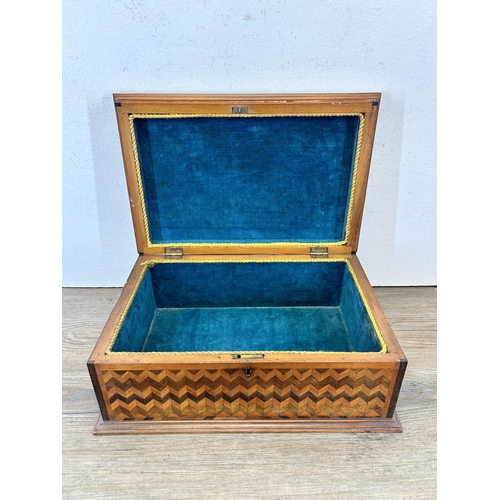 652 - A late 19th/early 20th century marquetry inlaid workbox with velvet interior - approx. 13cm high x 3... 