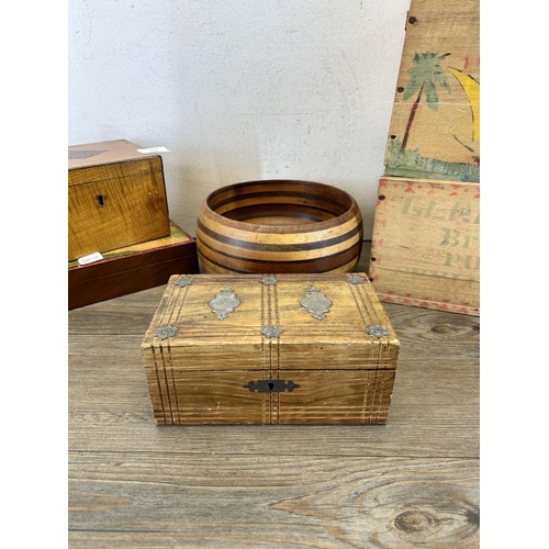 656 - A collection of treenware to include inlaid teak circular footed bowl, early 20th century satinwood ... 