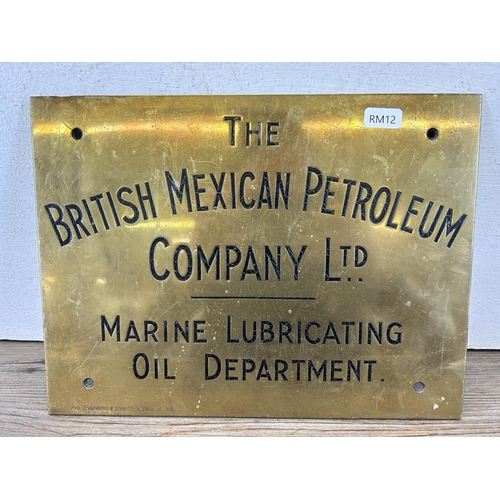 672 - A vintage The British Mexican Petroleum Company Ltd brass wall plaque - approx. 23cm high x 30cm wid... 