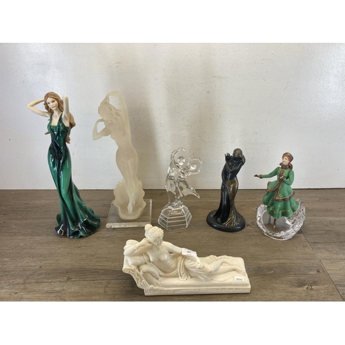 403 - Six figurines to include The Leonardo Collection Sophistication, resin nude lady etc. - largest appr... 