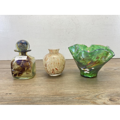 406 - Six pieces of art glassware to include Mdina scent bottle, Murano Tutti Frutti triangular dish etc.