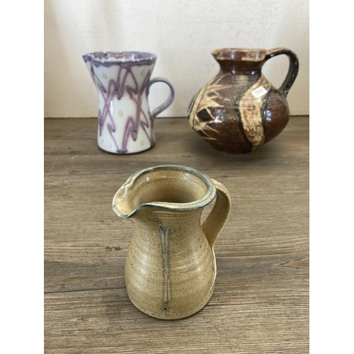 416 - Eleven pieces of studio pottery to include Lower Mill Studio Jersey seven-piece drinking set, purple... 