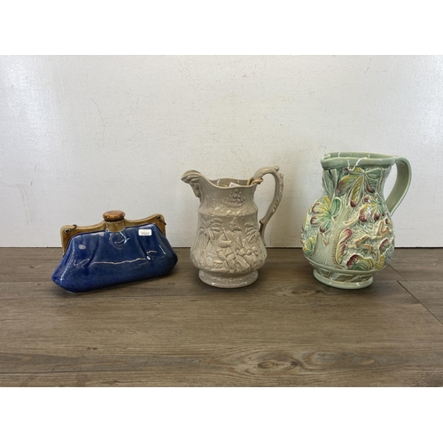 417 - Twelve 19th century and later ceramic jugs to include Art Deco Burleigh Ware parrot, Victorian Josep... 