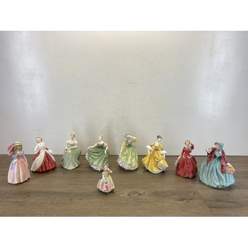 417A - Nine Royal Doulton figurines, Clarissa - HN 2345, The Ermine Coat - HN 1981, Babie - HN 1679, Michel... 