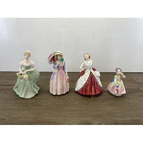 417A - Nine Royal Doulton figurines, Clarissa - HN 2345, The Ermine Coat - HN 1981, Babie - HN 1679, Michel... 