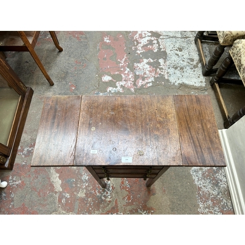 104 - An Edwardian mahogany three drawer drop leaf work table - approx. 73cm high x 71cm wide x 30.5cm dee... 